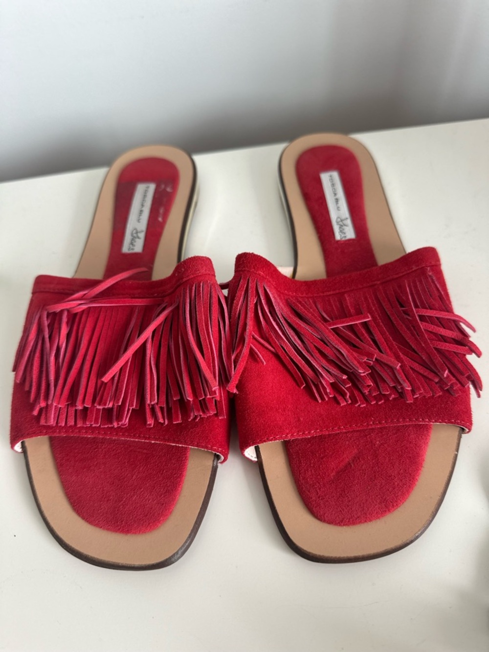 Tosca Blu Red Fringe Slide Sandals – Size 7 | Italian Designer Statement Flats